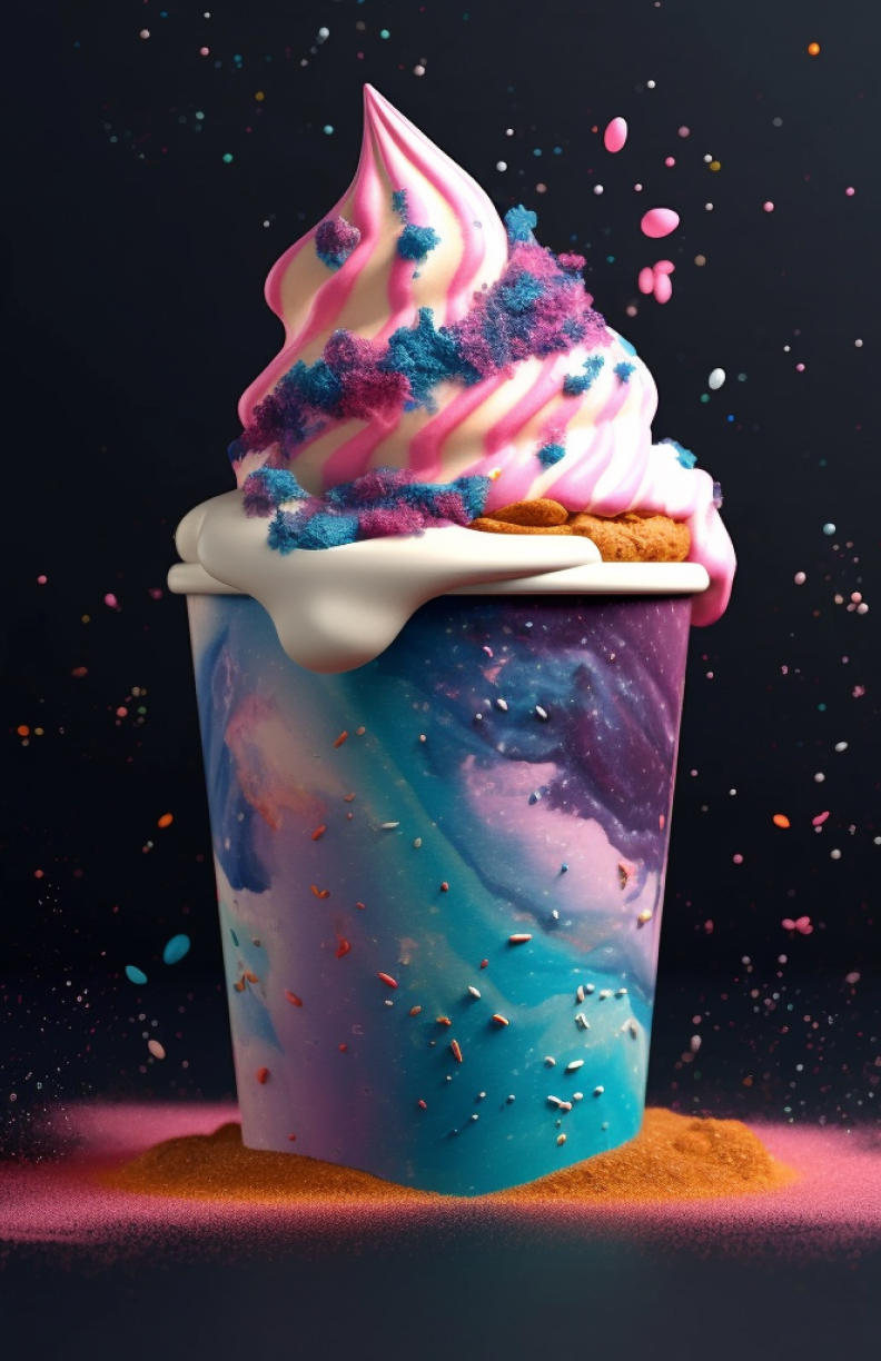 Galaxy Ice Cream in a cup with sprinkles in outer space